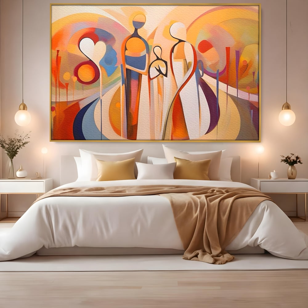 Tablou canvas cu tablou canvas cu familie abstracta, in rama de aluminiu auriu, pe perete intr-un dormitor